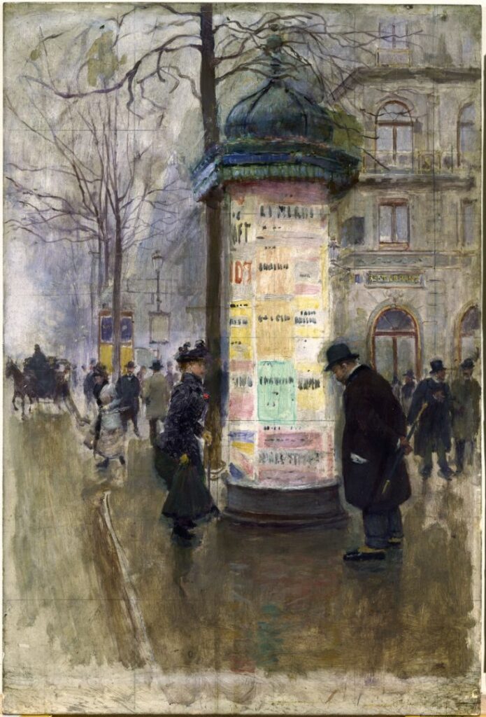 Jean Béraud (1849-1936). "La Colonne Morris (angle de la rue Laffite et du boulevard des Italiens)". Huile sur bois. Paris, musée Carnavalet.